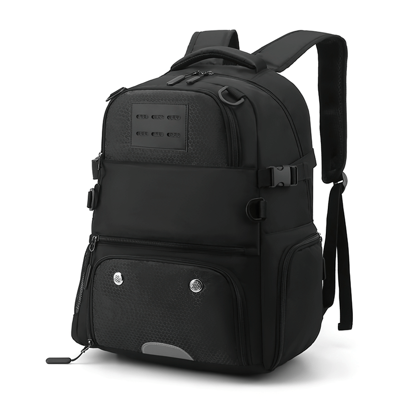 Unisex sports backpack SF0808 with shoe compartment, detachable net pocket, waterproof material, and adjustable straps.